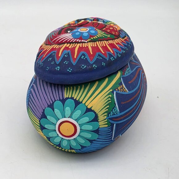Hand-Painted Mexican Pottery Sun & Moon Trinket Box With Lid 5" - Picture 6 of 10